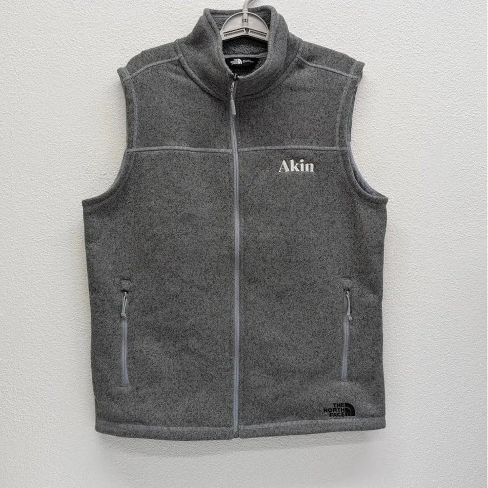 The North Face Sweater‎ Fleece Vest Mens Large Gray Full Zip Akin Law Firm Logo